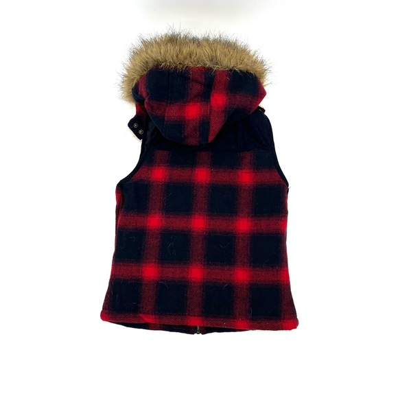 Mossimo Navy Burgundy Plaid Sherpa Faux Fur Fall Vest Size Small Zippered Hood - Picture 3 of 8
